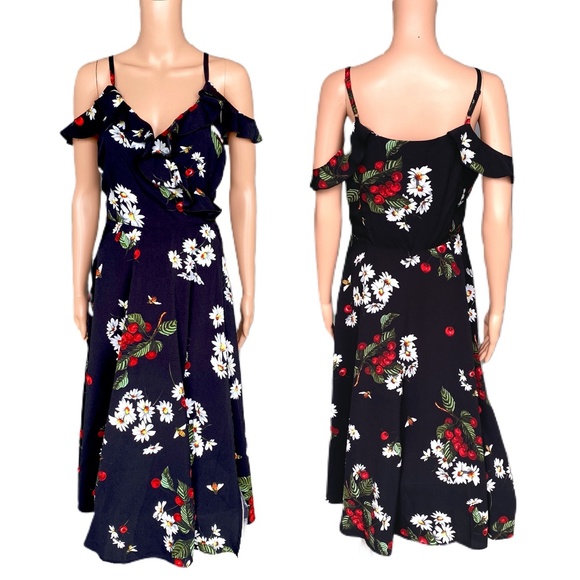 BLACK FLORAL CHIFFON MIDI DRESS - Picture 1 of 8